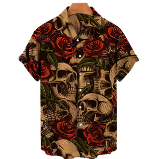 Oufisun Loose 3D Skull Print Summer Men's Hawaiian Camisa De Manga Curta Para Homens-Tamanho 5XL