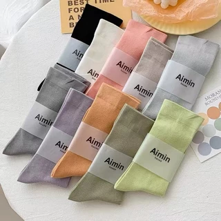 Mulheres primavera outono novo estilo versão coreana cor simples meias de tubo médio respirável desodorante suor-absorve