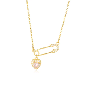 Pino De Segurança Dourado , Colar Com Pingente Em Forma De Coração Rosa , Corrente De Aço Inoxidável Antialérgica Femini
