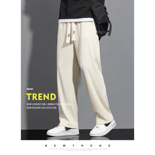 Calça Casual Masculina De Seda Gelada – Verão Leve , Elástica , Perna Larga E Ajuste Solto Unissex Para Estilo Moderno