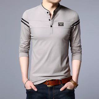Camiseta De Moda casual Masculina POLO Cor Sólida De Manga Comprida Colarinho De Pé De Verão Confortável