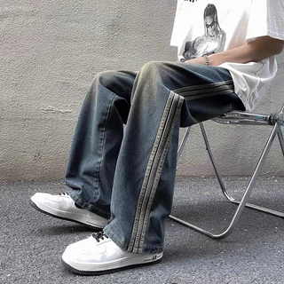 American High Street Three-Bar Jeans Jeans Homens de Rua Retro Street Wear Washed Ruffian Bonito e Solto Largo @-