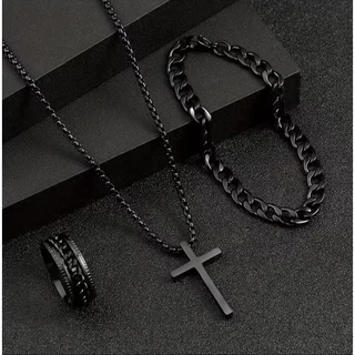 Moda Punk Material de aço inoxidável preto cruz pingente colar pulseira anel conjunto jóias presente acessórios masculin