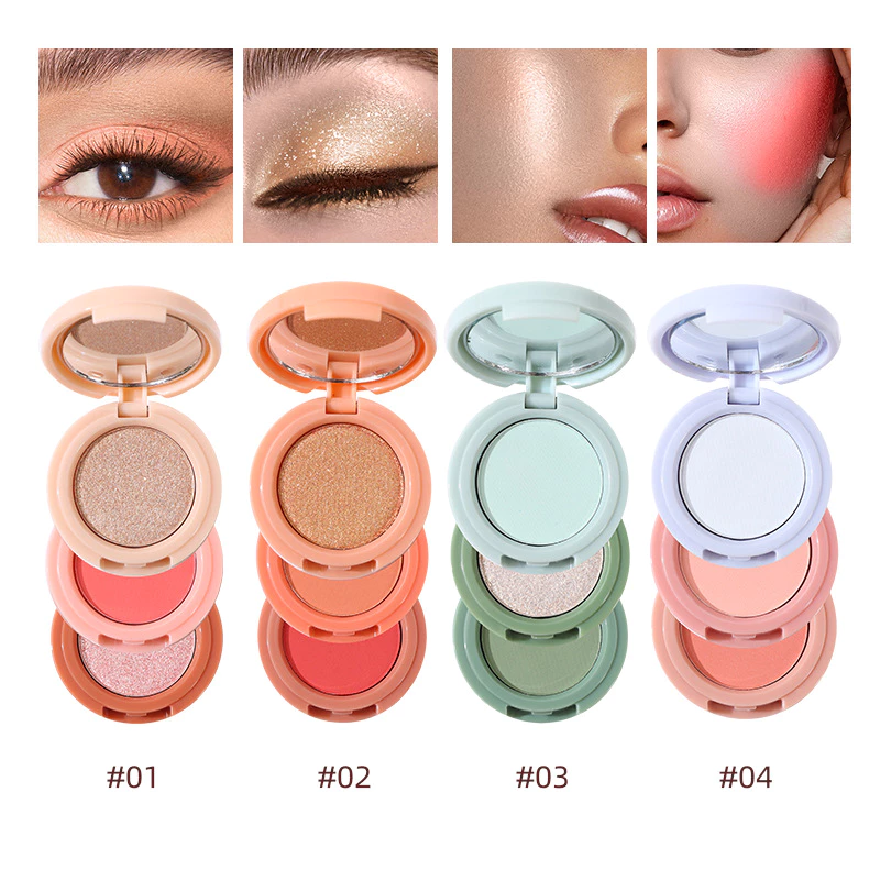 Paleta De Iluminador De Blush 3 Em 1 Pó Multifuncional De Três Camadas Perolado Sombra Brilhante