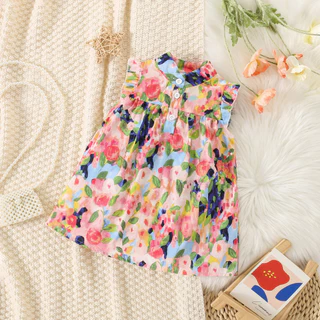Vestido De Verão Novo Bebê De Menina Flor Impresso Em Algodão Para Crianças De 0-3 Anos