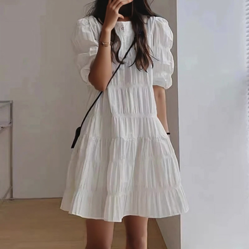2024 Casual Loose Short Sleeve Beach Dress Vestido De Verão Moda Francesa Pleaded for Women Vestidos De Festa Noturna Novo Robe 27992