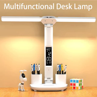 Lâmpada De Mesa LED Multifuncional Dobrável De Cabeça Dupla Com Relógio De Calendário USB Luz De Leitura De Cabeceira De Cama