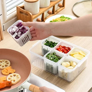 Caixa De Armazenamento De Geladeira De 6 Compartimentos , Recipiente De Compartimento De Drenagem De Cebolinha De Cozinh
