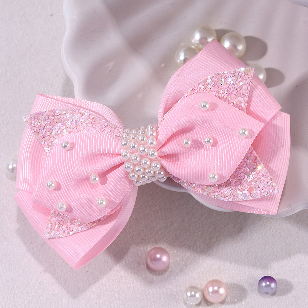 Boutique clip De Cabelo Com Laço Rosa Pérolas Doces De Lantejoulas Brilhantes Acessórios