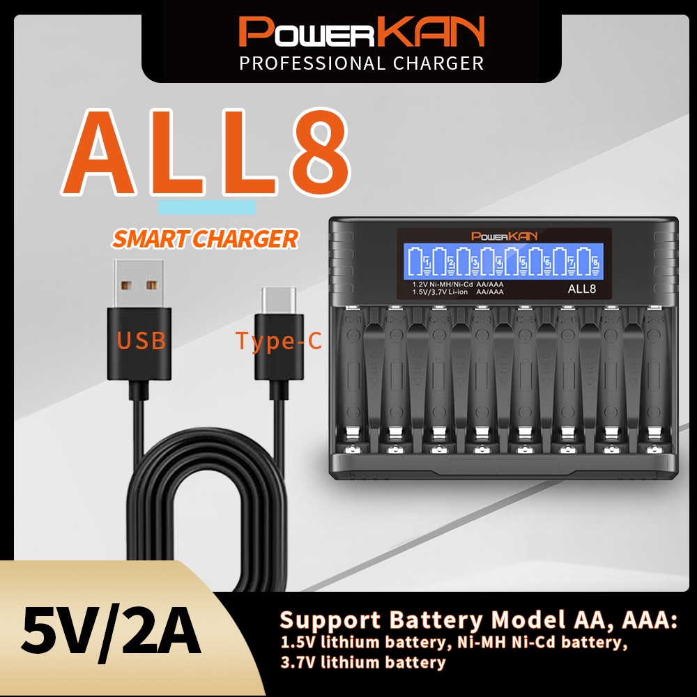 Carregador POWERKAN ALL8 , 8 Slots LCD AA/AAA De Alta Velocidade , Adequado Para Baterias Recarregáveis De 1.2V Ni-MH 1.5V/3.7V Li-ion No . 5 7v