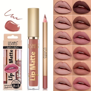 Lip Gloss +Lip Liner Set Batom Brilho Labial Batom Brilho Labial de Longa Duração Copo Antiaderente Sem Desbotamento Esboço à prova d