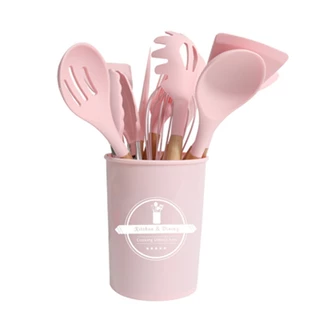 12pcs/Set , Conjunto De Utensílios De Cozinha Em Silicone , Espátula Com Cabo De Madeira , Acessórios