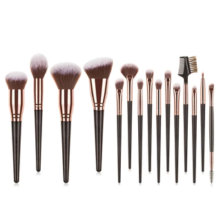 Conjunto De Pincéis De Maquiagem Pretos , 15 Peças , Bolsa PU , Champanhe , Ouro , Blush , Sombra , Pincel
