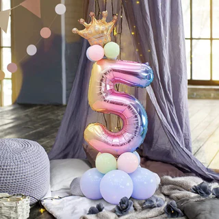 Balão de número de cor gradiente de 107 cm com coroa, coluna de balão de decoração de festa de aniversário infantil