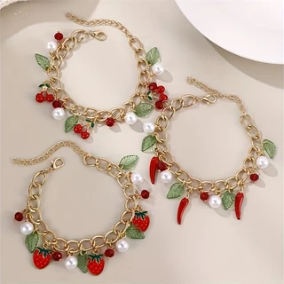 Morango cereja pimenta folha verde pérola Multi-pingente pulseira Design elegante pulseira feminina exclusiva