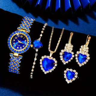 6pcs Relógio Ladies Quartz Watch Blue Full Diamond Bracelet Relógio Moda Moda Moda Simples Presente Estudantil