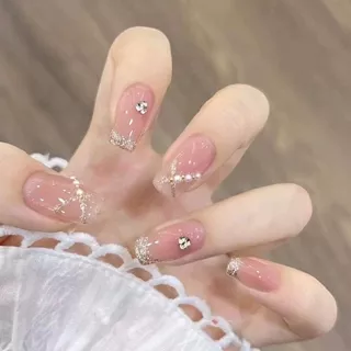24 peças curto Ballet pérola Glitter pilha diamante destacável conjunto de unhas falsas