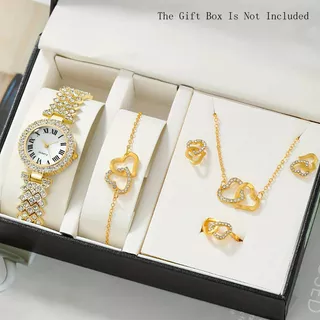 5pcs /set Novo Estilo de Relógio de Banda de Aço para Senhoras Conjunto de Relógio de Banda de Aço para Senhoras Fashionable All-Match exclusivo Full Diamond Butterfly Numeral Romano de Quartzo