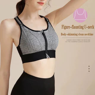 Sutiã Esportivo Com Zíper Frontal Ajustável – De Suporte Traseiro À Prova De Choque , Respirável , Sem Fio , Ioga E Corr