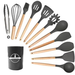 Conjunto de 12 peças Conjunto de Utensílios de Cozinha em Madeira Cabo de Silicone Conjunto de Utensílios de Cozinha em Silicone