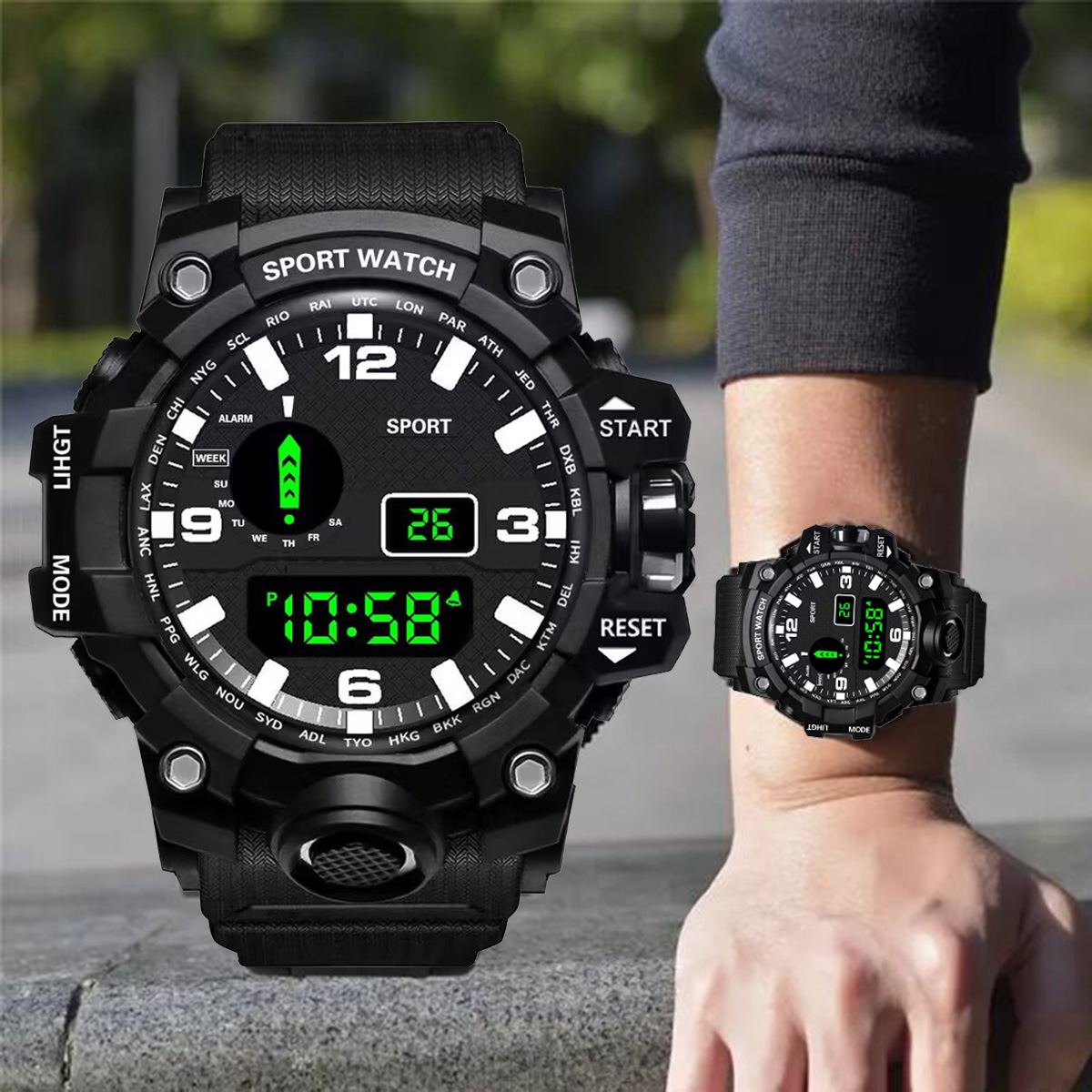 Relógio esportivo redondo masculino LED relógio Digital multifuncional ...