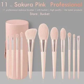 11 Pçs Conjunto Completo De Pincéis De Maquiagem De Cabelo Macio De Escova + Balde De Armazenamento De Pincel/Saco Rosa