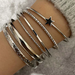Conjunto de 6 peças Pulseira Retro Simples Prata High-End Bracelete Metal Cinco Pontas Abertura Estrela Ajustável Bracelete Material Amigo do Ambiente