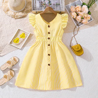 Crianças Verão 4-7 anos Meninas Vestido Multicor V-Neck Flying Sleeve Striped Clássico Simples Fofo