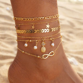 Conjunto dourado de 5 peças de Metal abacaxi pérola tornozeleira Design seta estrela de cinco pontas sem fim pingente ex