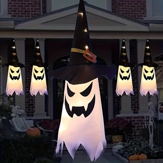 Luzes De Halloween De 5pcs/Cordas , LED A Bateria Com 5 Fantasmas Pendurados Chapéu De Bruxa/Abóbora-IP65 À Prova D'água , Decoração Para Festas Ao Ar Livre