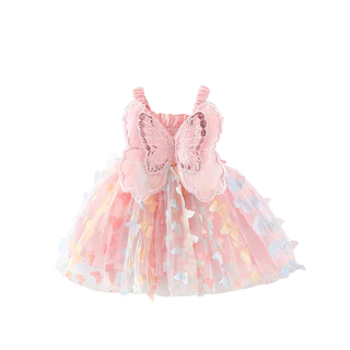 Vestido Infantil De Verão Para Meninas , Asas , Malha , Laço , Alça , De Princesa Festa