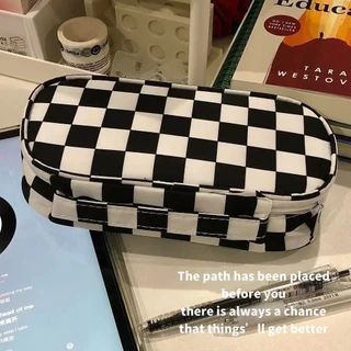 Estojo xadrez preto e branco com correspondência de cores Bolsa de papelaria multifuncional de grande capacidade Bolsa p