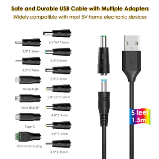 Cabo De Alimentação Universal USB Para DC 5V , Plugue 5.5 * 2.1mm Carregamento Jack Com 13 Pontas De Conector
