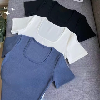2025 Moda Feminina Verão Estilo Coreano Fino Gola Quadrada Baixa Manga Curta Camiseta Base