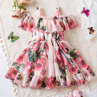 Vestido De Bebê Princesa Chiffon Rose Impressão Infantil Verão Noiva Festa De Casamento Para 1-5 Anos