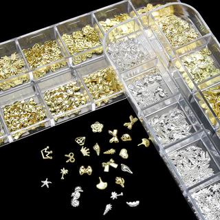 Acessórios de Manicure 12 Grades Caixa Grande Rebites de Manicure Rebites de Manicure Material Metálico Sequências de Material Mix Match DIY Decoração de Patch de Prego em Forma Especial