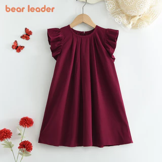 Líder Urso Vestidos Cor Sólida Manga Voadoras Casual para Meninas Bebê 3-7 Anos