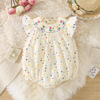 Macacão Para Bebê Colorido Polka Dot Flower Bordado Em Algodão
