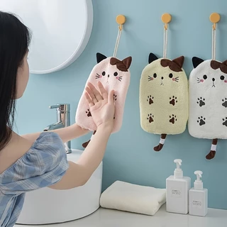 Toalha de banho de 1 peça de Velo de Coral Bordada à Mão de Gato Tipo Toalha Absorvente de Cozinha Rag de uso duplo