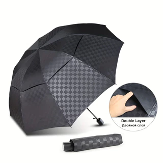 Guarda-Chuva De Camada Dupla Grelha Escura Grande Mulher 3Folding 10Rib Homens De Negócios À Prova De Vento Viagem Para A Família Paraguas Parasol