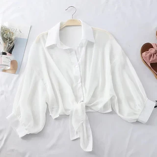 2024 Casualmente Oco Branco Da Mulher top Elegante Cor Oca Sólida Rendado Cardigã Estilo Morcego De Verão Feminino Meio Botão Camisa chiffon 9776