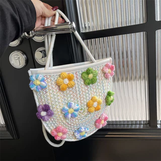 Moda Contraste Cor Decoração de flores tecidas em tecido com um ombro Semicírculo de um ombro