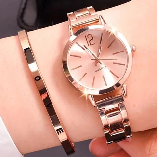 2 Pçs Feminino Pequeno Mostrador Relógio De Quartzo Com Pulseira Rosa Conjunto Senhoras Aço Clássico Número Ponteiro Pul