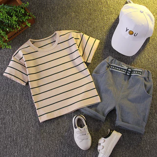 Conjunto De Manga Curta Para Meninos De 0 A 5 Anos , Camiseta Listrada Com Gola Redonda , shorts Casuais , Duas Peças