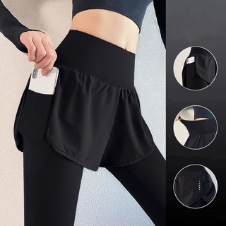 Falso Duas Peças Calças De Ginásio Feminino Cintura Alta Estiramento Magro Correndo De Secagem Rápida Sweatpants Outono