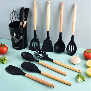 Conjunto De Utensílios De Silicone Para Cozinha , 12 Peças , Panelas Antiaderente Com Cabo De Madeira Pequeno De Ferrame