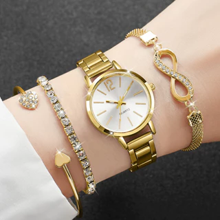 4 Pçs/Set Moda Pequeno Mostrador Relógios Femininos Simples Analógico Quartzo Wriswatch Pulseiras Conjunto