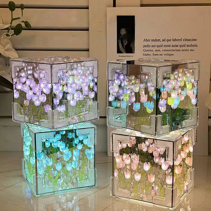 XIWANGFIRE Tulipa Criativa Rubik's Cube Tulip Night Light Feita À Mão Flor De Bricolage Atmosfera Marinha Luz Acrílica Espelho 3D Decoração Presente
