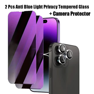 [2 unidades + 3 unidades] Para 11/12/13/14/15 Plus Pro Max Tela cheia anti peeping luz azul Proteção de privacidade Tela Protector Vidro temperado e anel de metal Protetor de lente de câmera