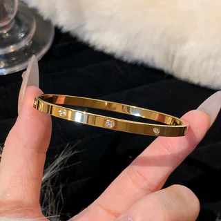 Pulseira De Punho De Aço De Titânio Em Tom Dourado , Joias Minimalistas De Zircônia Para Mulheres , Acessório De Luxo Le